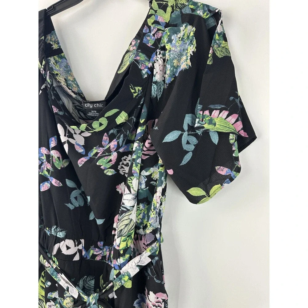 NWT City Chic Kalani Jumpsuit Tie Belt Black Blue Floral Pockets Plus Size M 18 - Picture 9 of 12